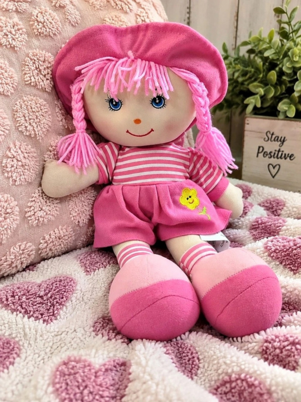 Pink Rag Doll 36cm Plush Doll Braided Hair Striped Outfit Cute Toy